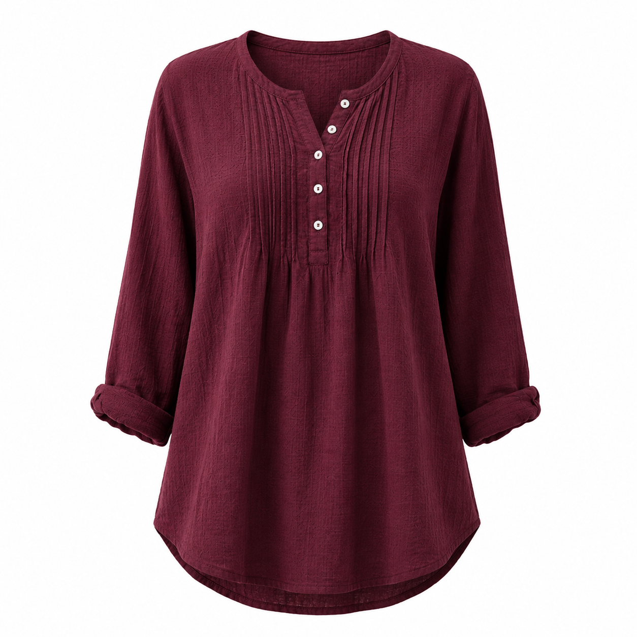 Women's Casual Pleated Henley Blouse – Long Sleeve Relaxed Fit Top