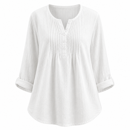 Women's Casual Pleated Henley Blouse – Long Sleeve Relaxed Fit Top