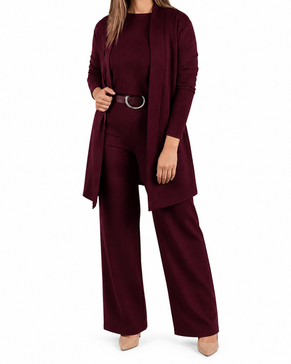 Elegant 3-piece set including long cardigan, top and pants