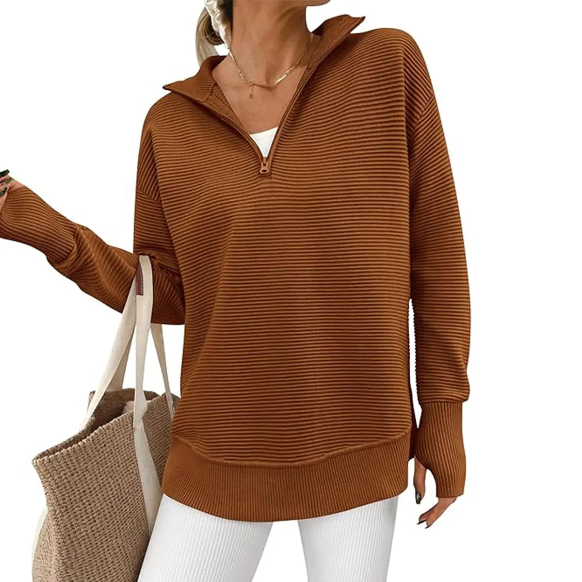 Women's Long Sleeve Quarter Zip Pullover Sweater Casual Loose V Neck Collared Ribbed Knit Jumper Tops