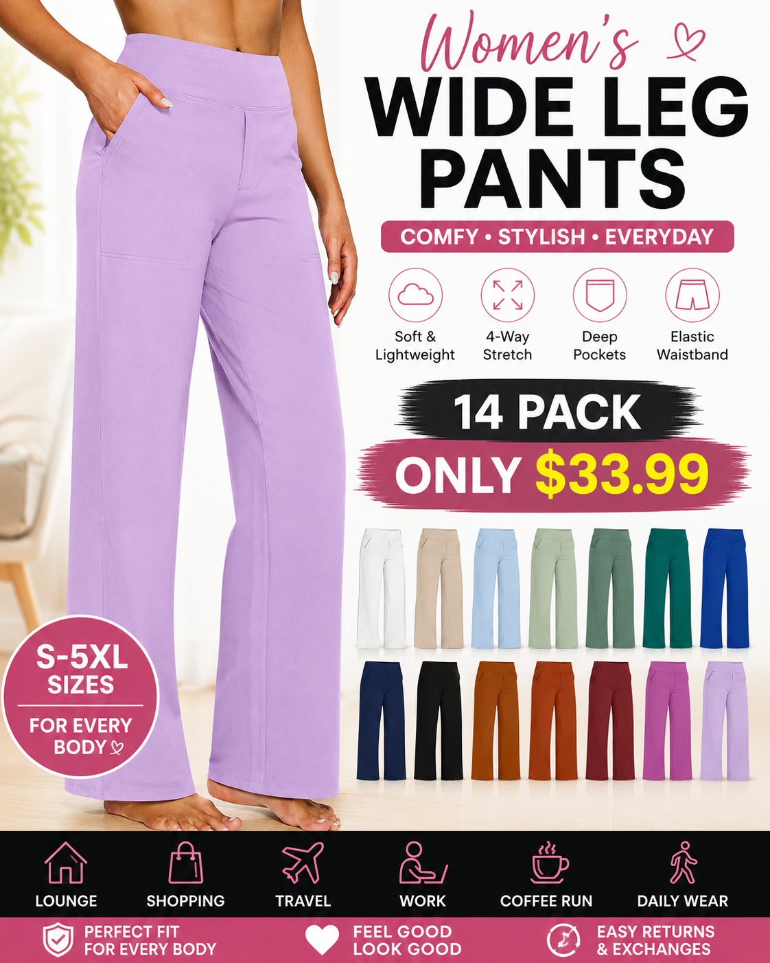 Women's wide leg pants with pockets