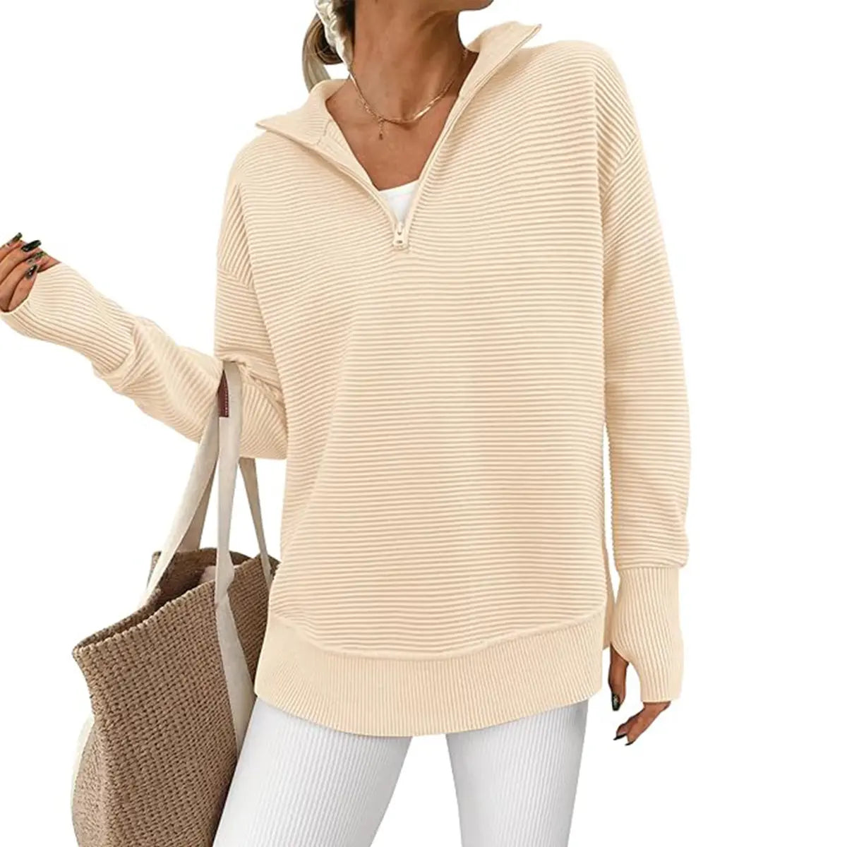 Women's Long Sleeve Quarter Zip Pullover Sweater Casual Loose V Neck Collared Ribbed Knit Jumper Tops