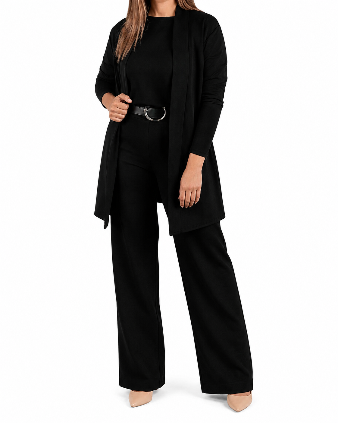 Elegant 3-piece set including long cardigan, top and pants