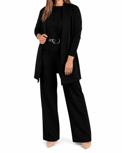 Elegant 3-piece set including long cardigan, top and pants