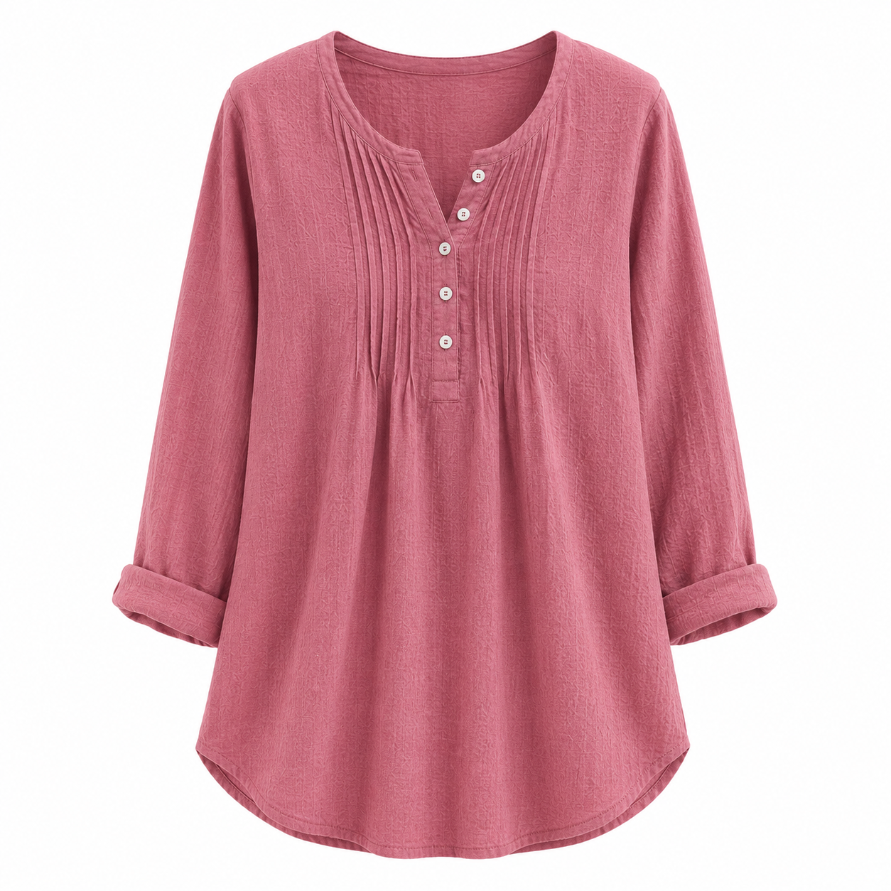 Women's Casual Pleated Henley Blouse – Long Sleeve Relaxed Fit Top