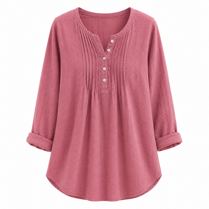 Women's Casual Pleated Henley Blouse – Long Sleeve Relaxed Fit Top