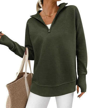 Women's Long Sleeve Quarter Zip Pullover Sweater Casual Loose V Neck Collared Ribbed Knit Jumper Tops