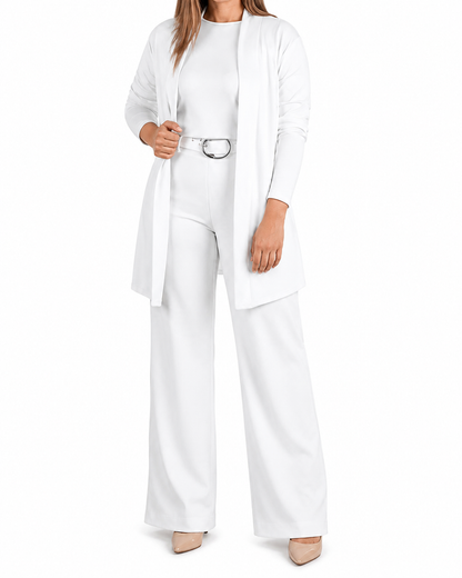 Elegant 3-piece set including long cardigan, top and pants