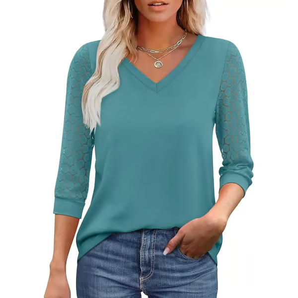 Womens 3/4 Length Sleeve Tops Trendy V Neck T Shirts