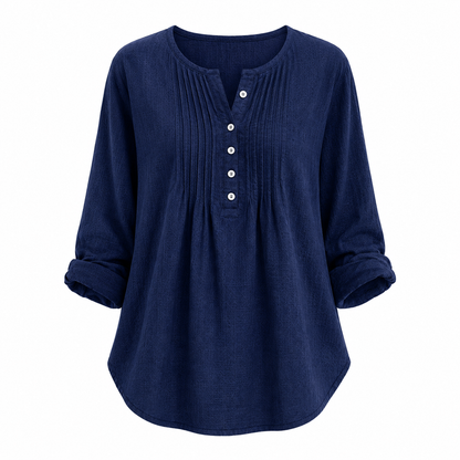 Women's Casual Pleated Henley Blouse – Long Sleeve Relaxed Fit Top