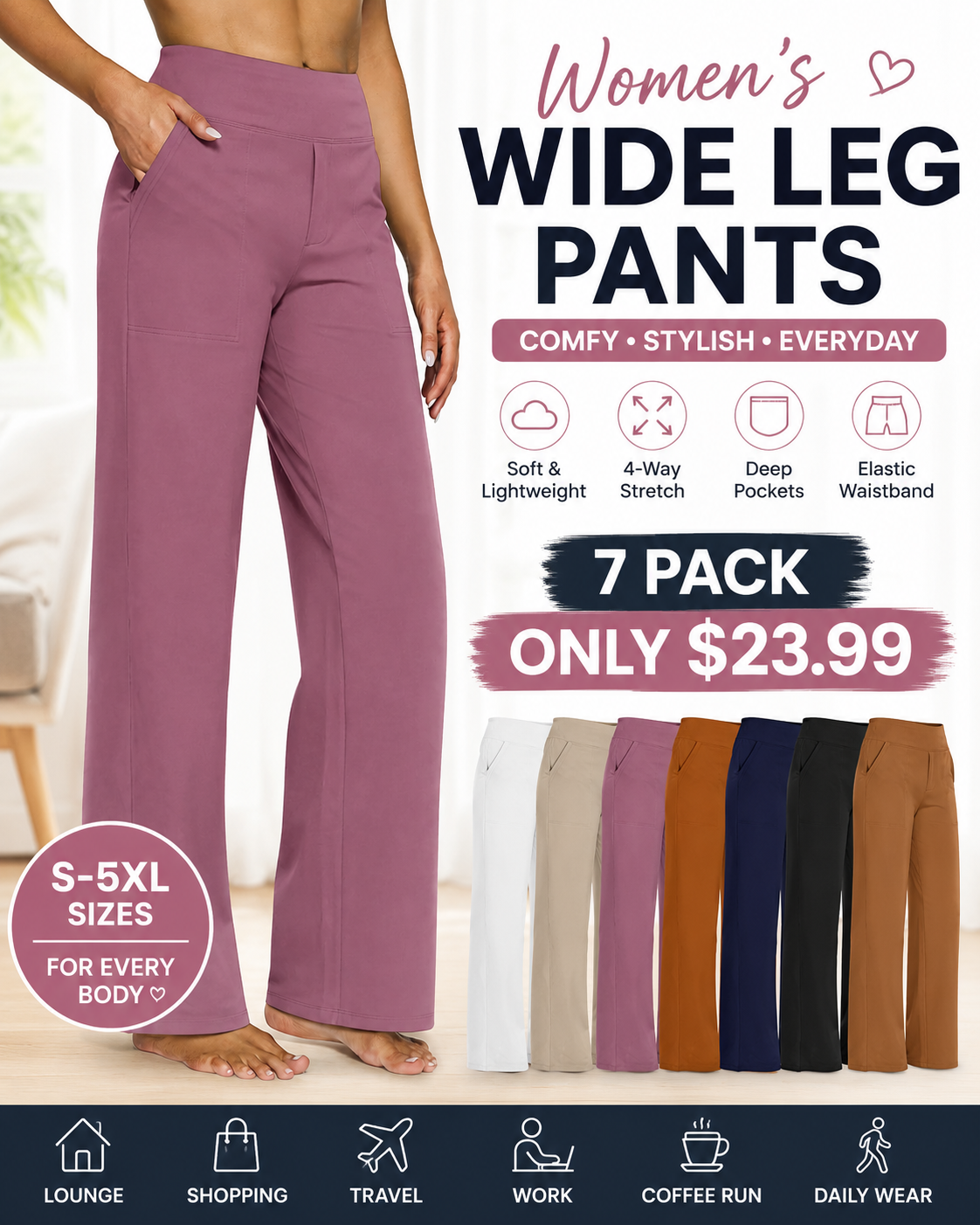 Women's wide leg pants with pockets