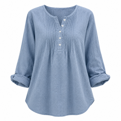 Women's Casual Pleated Henley Blouse – Long Sleeve Relaxed Fit Top