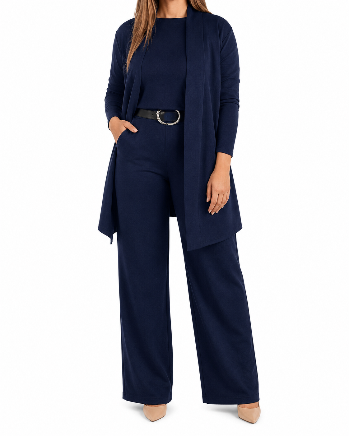 Elegant 3-piece set including long cardigan, top and pants