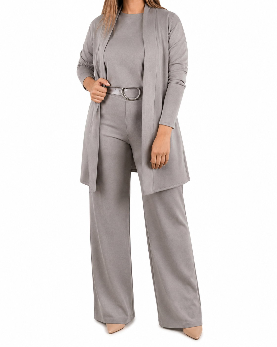 Elegant 3-piece set including long cardigan, top and pants
