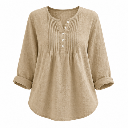 Women's Casual Pleated Henley Blouse – Long Sleeve Relaxed Fit Top