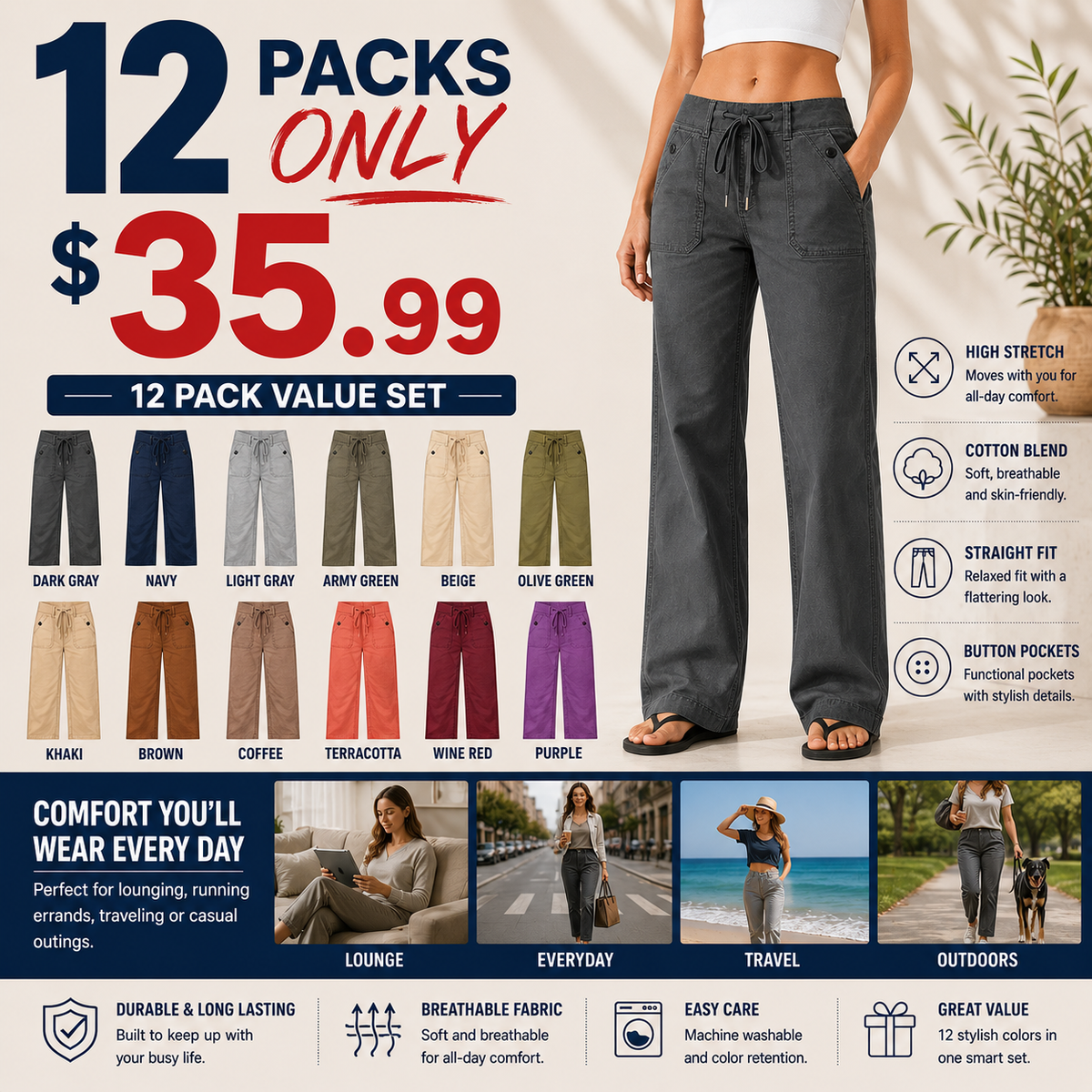 Women's High Stretch Mid Rise Straight Pants
