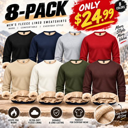 🔥 BEST SELLER | 8PCS $24.99 |Men's Fitted Crewneck Fleece Lined Sweatshirt, Wind Resistant Polyester Athletic Pullover, Casual Fashion Active Tops