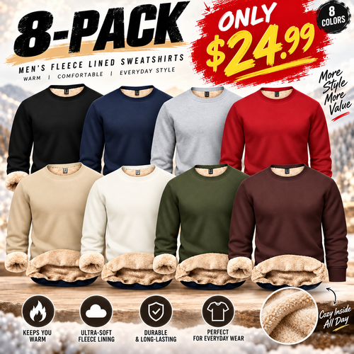 🔥 BEST SELLER | 8PCS $24.99 |Men's Fitted Crewneck Fleece Lined Sweatshirt, Wind Resistant Polyester Athletic Pullover, Casual Fashion Active Tops