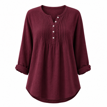 Women's Casual Pleated Henley Blouse – Long Sleeve Relaxed Fit Top