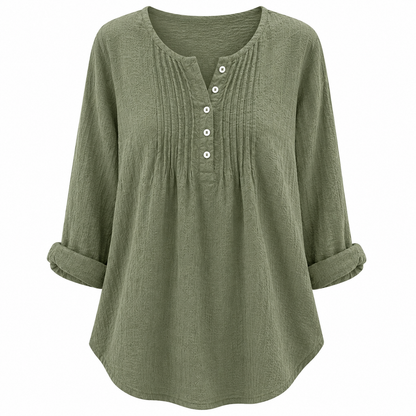 Women's Casual Pleated Henley Blouse – Long Sleeve Relaxed Fit Top
