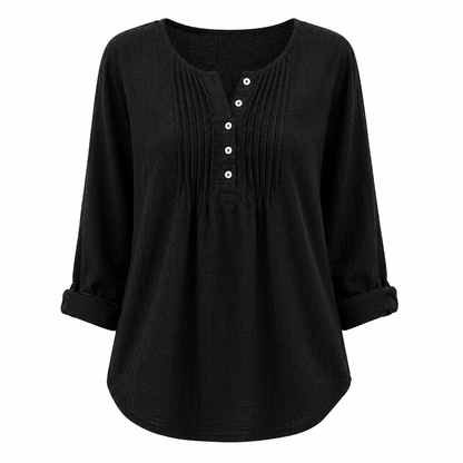 Women's Casual Pleated Henley Blouse – Long Sleeve Relaxed Fit Top