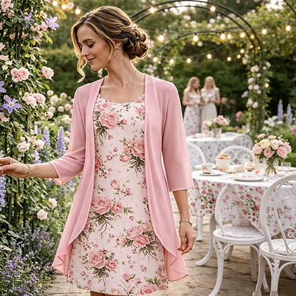 Women's Elegant Chiffon Dress & Cardigan 2-Piece Set